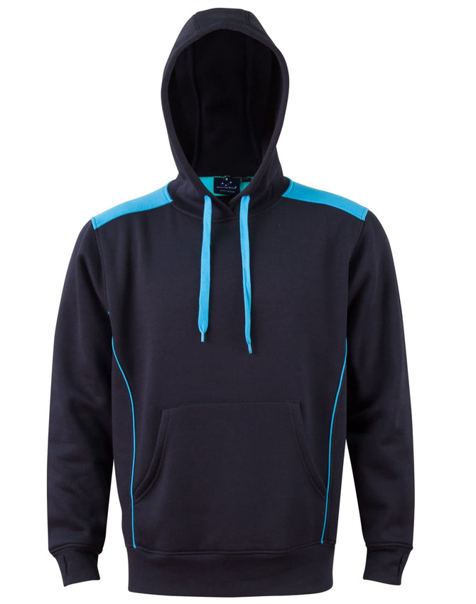 A navy hoodie with teal contrast accents and a kangaroo pocket, featuring a hood and a branding logo.