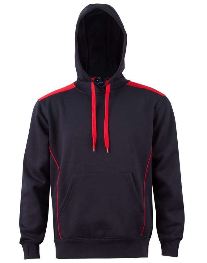 A black hoodie with red accents and a kangaroo pocket, featuring a hood and drawstrings. Includes a logo.