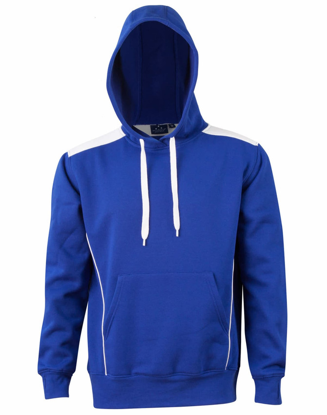 A bright blue adult hoodie featuring a kangaroo pocket and a contrast design, with a logo on the front.