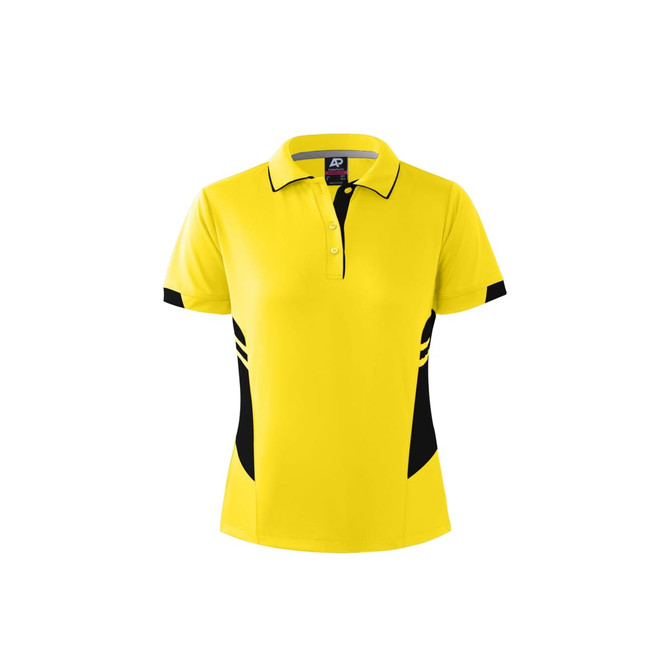 A yellow polo shirt with black side accents and a collar, featuring a logo on the upper section.