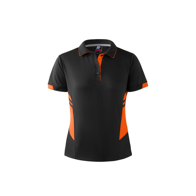 A black polo shirt with orange accents and a logo, featuring a classic collar and buttons.