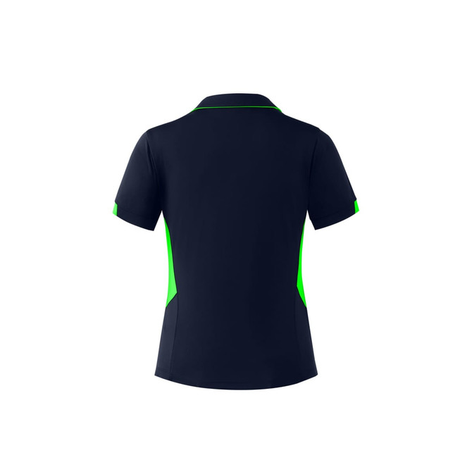 A navy polo shirt with contrasting green side panels and a collar. It has a logo on the chest.