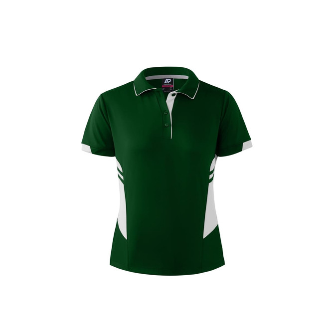 A green polo shirt with white accents and a logo, featuring a classic collar and short sleeves.