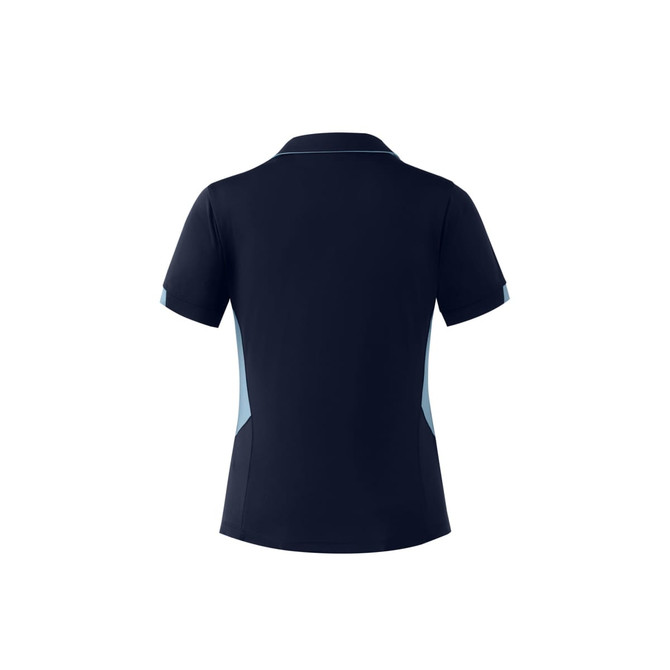 A dark navy polo shirt with light blue accents, featuring a logo on the back.