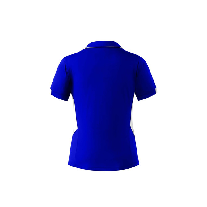 A blue polo shirt with white side panels and a collar. The back is plain and features a logo.