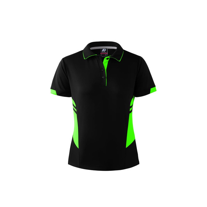 A black polo shirt featuring vibrant green accents and a logo on the chest.