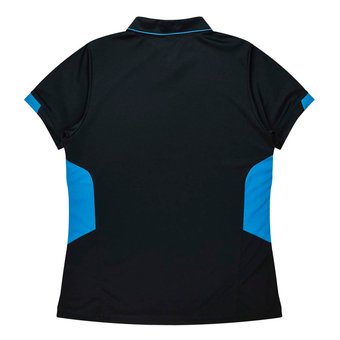 A black polo shirt with blue accents and a logo on the collar area, featuring a fitted design.