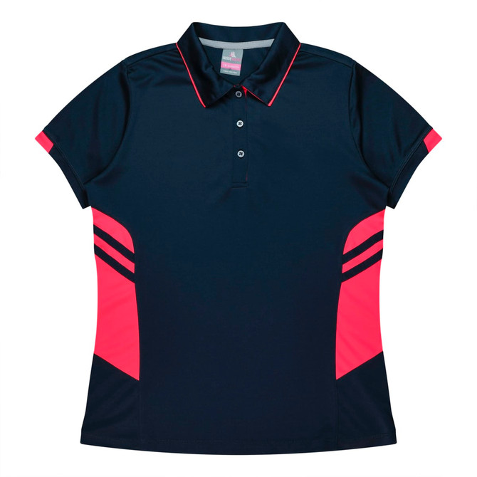 A navy polo shirt with pink accents and a logo, featuring a collar and short sleeves.