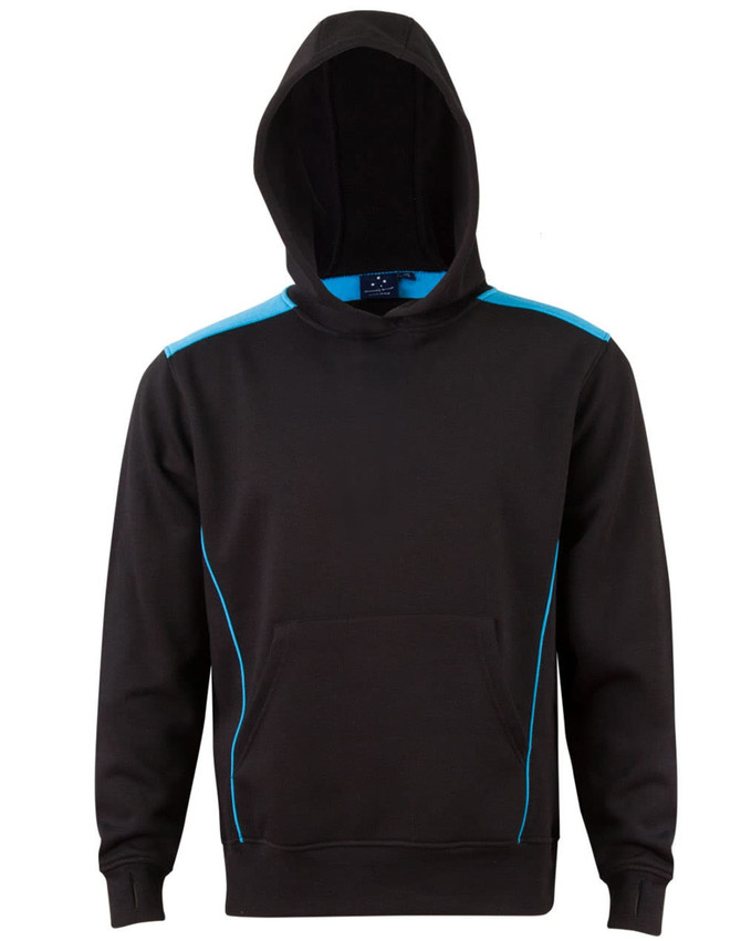 A black hoodie with a contrast blue lining, featuring a kangaroo pocket and a hood. It has branding on it.