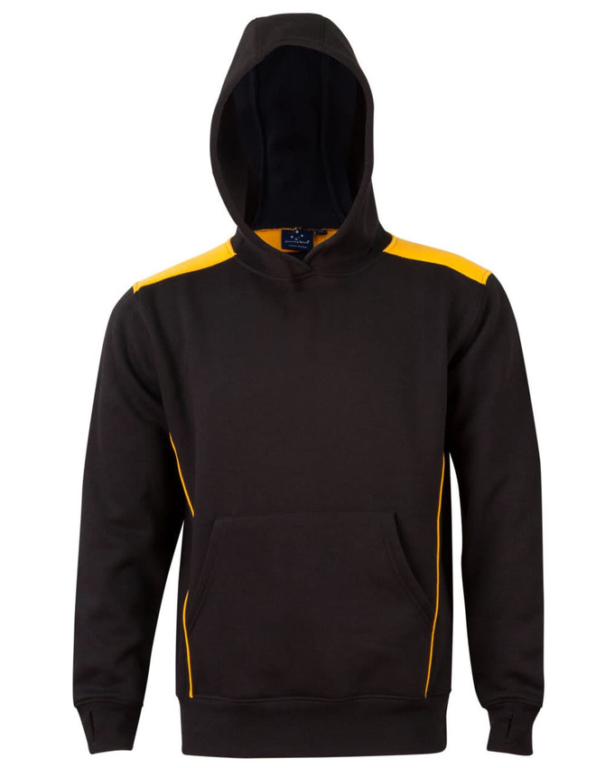 A black hoodie with a kangaroo pocket and contrast yellow stripes on the shoulders. Features a hood and has a logo.