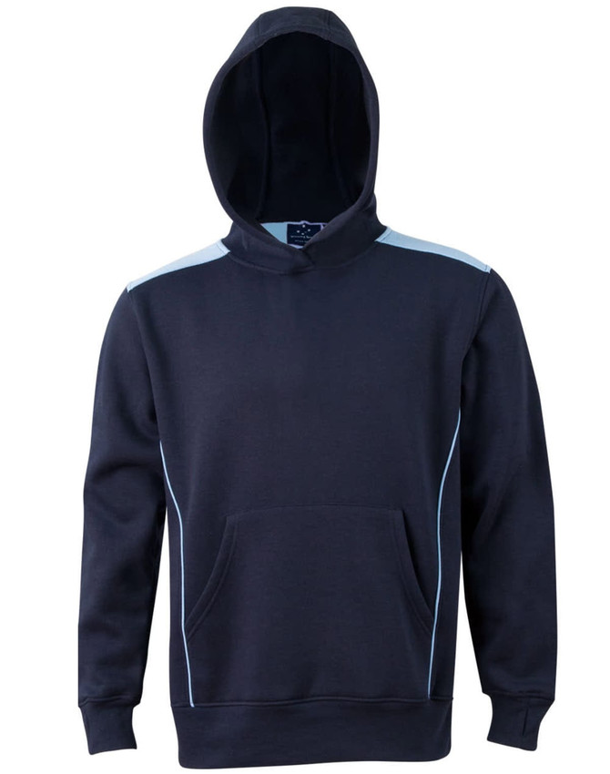A navy hoodie featuring a kangaroo pocket, contrast detailing, and a hood. Includes a logo on the front.