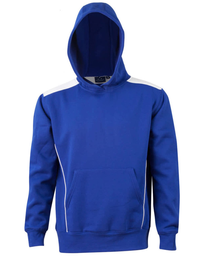 A blue hoodie with a contrast white shoulder design and a kangaroo pocket. It features a hood and a logo.