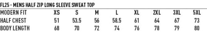 A size chart for the Men's Half Zip Long Sleeve Sweat Top, detailing measurements for various sizes in a modern fit.