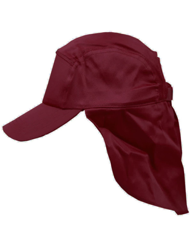 A maroon poly cotton legionnaire hat featuring a wide brim and a neck flap. It includes a logo on the side.