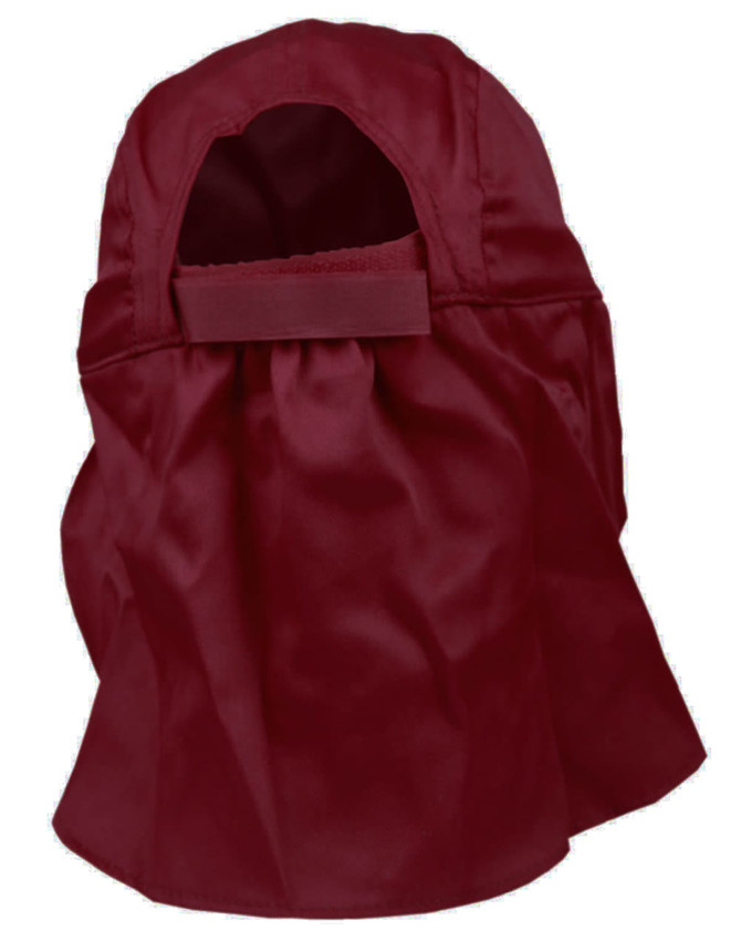 A maroon poly cotton legionnaire hat with a spacious back and a strap. Features a logo branding.