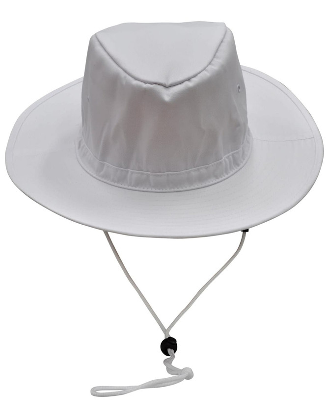 A white bucket hat with a wide brim and a break-away clip attachment on the chin strap. It features a logo.