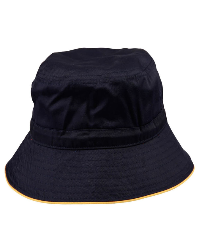 A navy bucket hat with a contrasting yellow trim and a branded logo on the band.