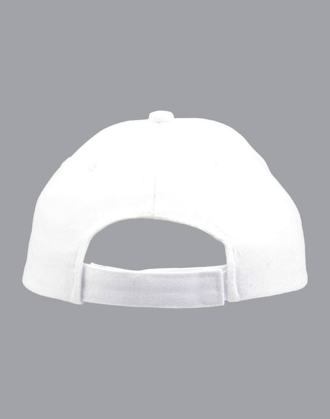 A white brushed cotton cap featuring an adjustable strap at the back and a logo on the side.