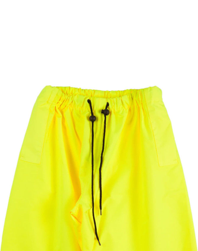 Hi-vis yellow safety pants featuring an elastic waistband and drawstring, designed for enhanced visibility and safety.