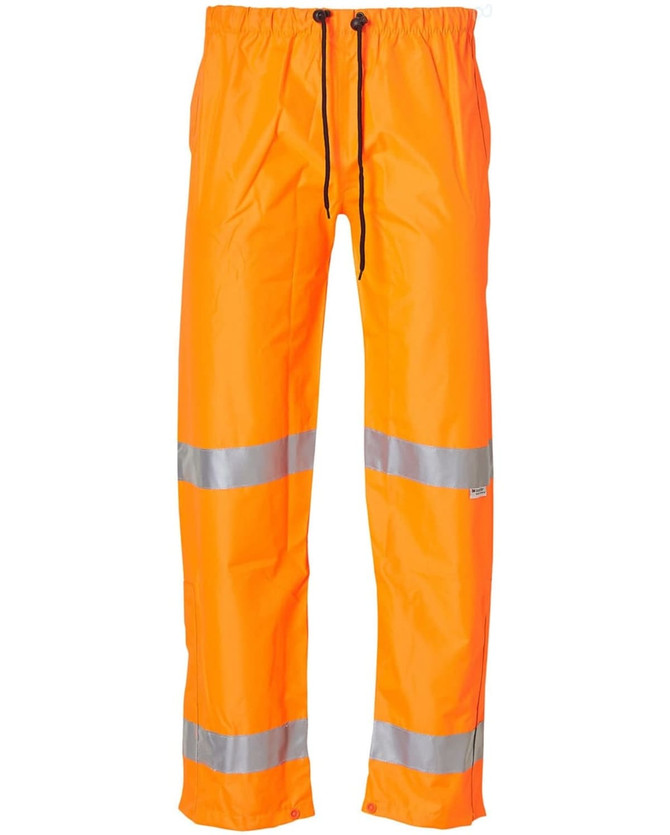 Hi-Vis safety pants in bright orange with reflective 3M tape details. Features an elastic drawstring waist and logo branding.