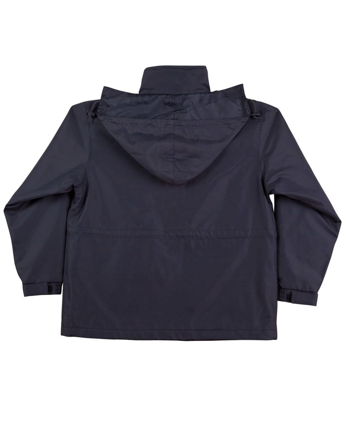 A navy jacket with a hood, featuring a simple design and a logo on the back.