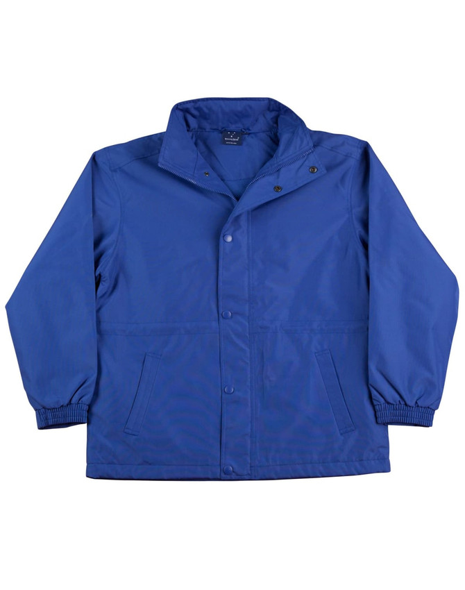 A blue varsity jacket with a collared neck, snap closures, and side pockets. It features elastic cuffs and a logo.