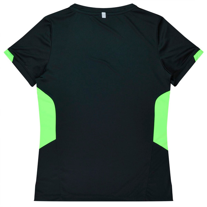 A black t-shirt with green accents on the sides, featuring a logo. Designed for women's style and comfort.