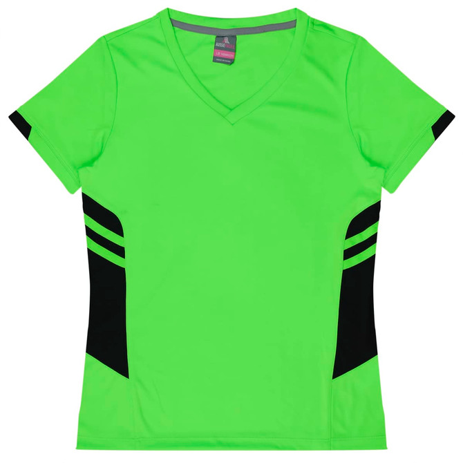 A vibrant green women's t-shirt with black side accents and a V-neck design. Features a branding logo.