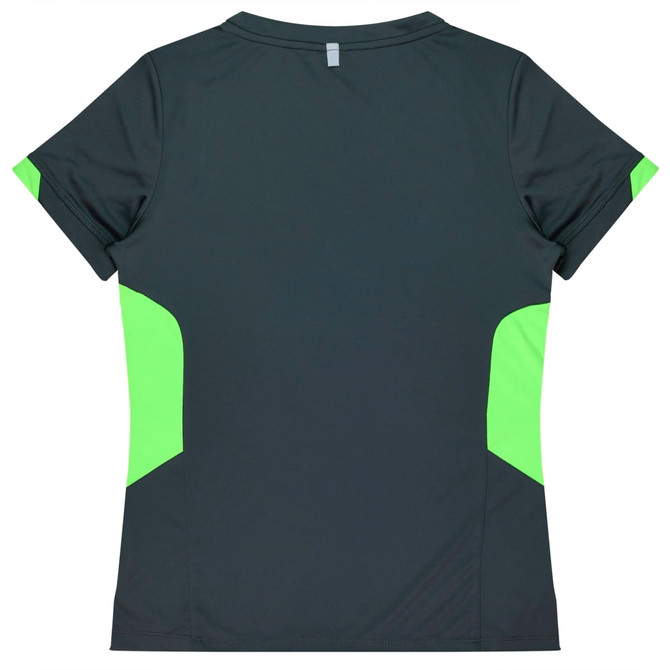 A dark grey t-shirt with lime green accents on the sides, featuring a logo.