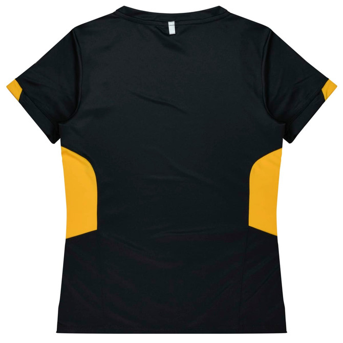 A black and yellow women's T-shirt with a fitted design and short sleeves. It features contrast panels on the sides.