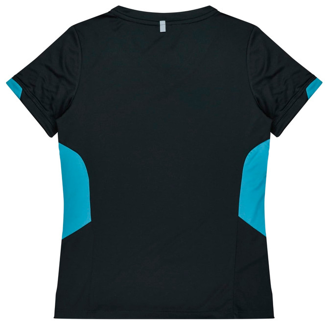 A black women's t-shirt featuring blue side panels and a logo on the back.