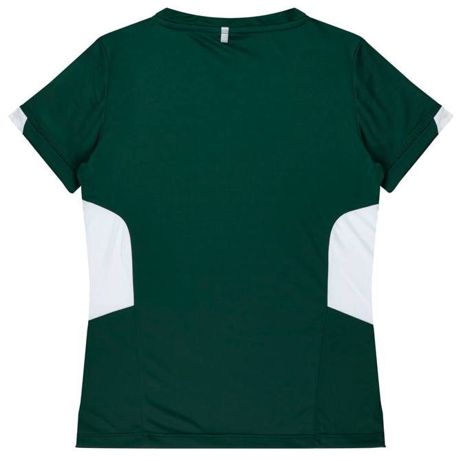 A green women's t-shirt featuring white side panels and a logo on the back.