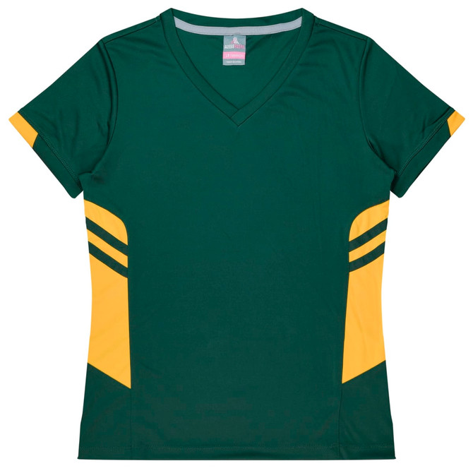 A green and yellow women's t-shirt featuring a V-neck and sporty design, with branding on the upper part.