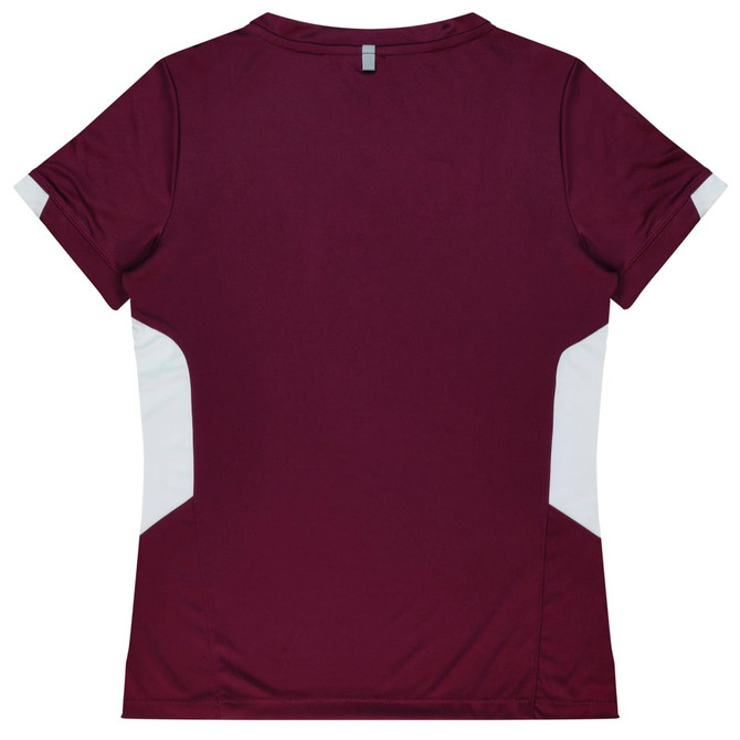 A maroon T-shirt with white side panels and a logo on the back. Short-sleeved design.