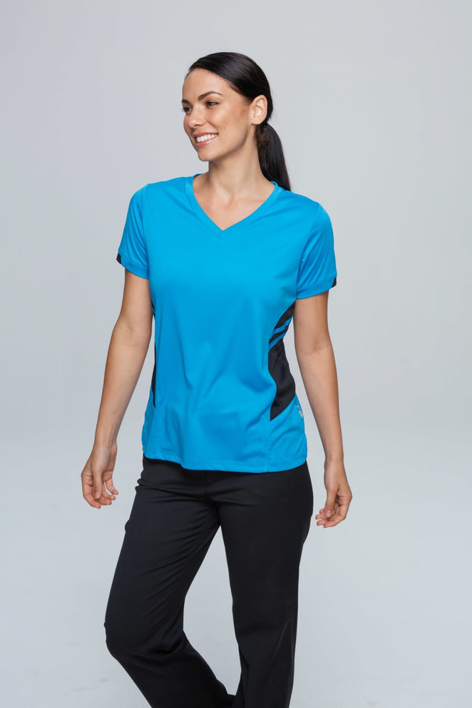 A blue women's T-shirt with black side panels, featuring a V-neck design and short sleeves.