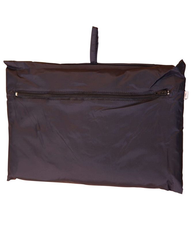 A black outdoor activity spray jacket in a compact storage pouch with a zip closure. The pouch features a hanging loop.