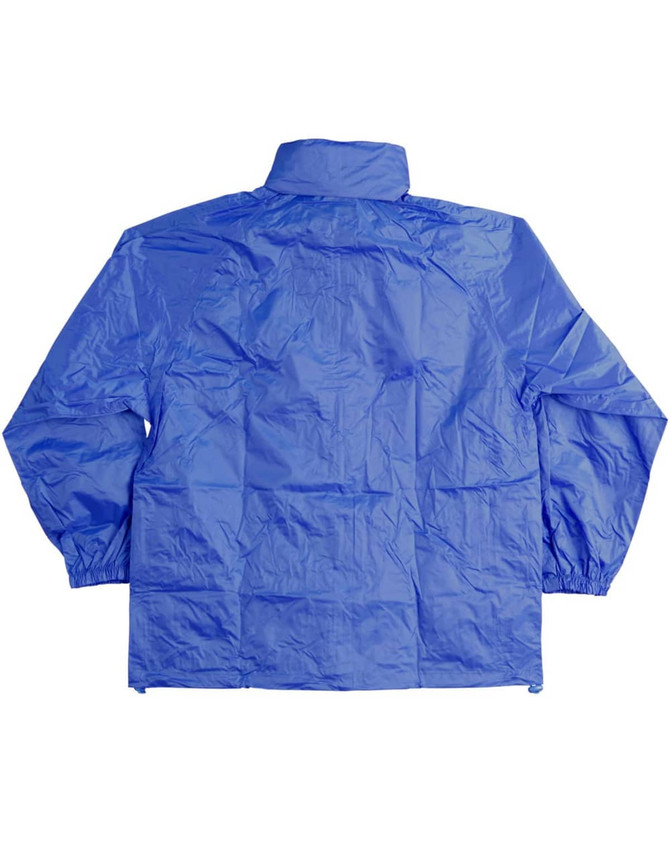 A blue kids' outdoor activity spray jacket with a back view, featuring a collar and elastic cuffs.