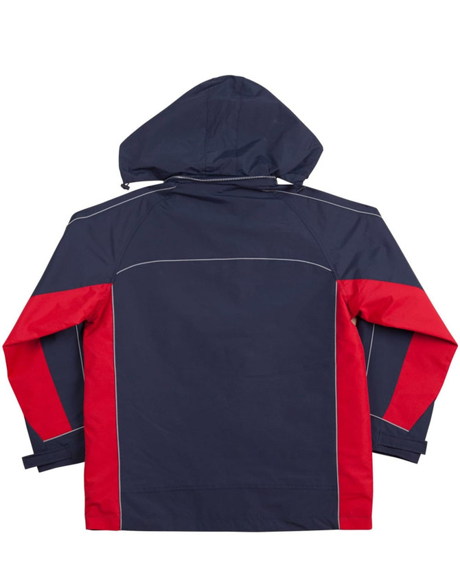 A navy and red men's 3-in-1 jacket with a hood, featuring a logo and contrast stitching.