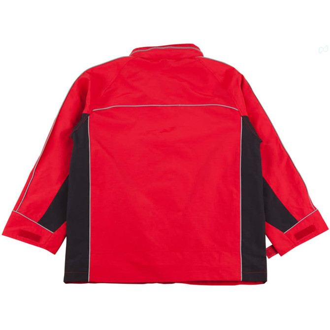 A red and black men's jacket featuring a collar and contrasting panels, with a logo on it.