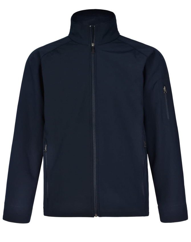 A navy blue men's softshell high-tech jacket featuring a zip front and multiple pockets, including a zippered arm pocket.