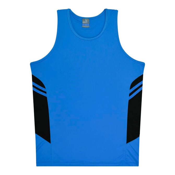 A blue singlet with black side panels and a branding logo on the upper section.