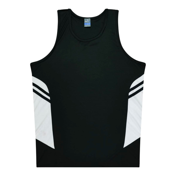 A black singlet with white accents and a logo on the front. It features a sleeveless design.