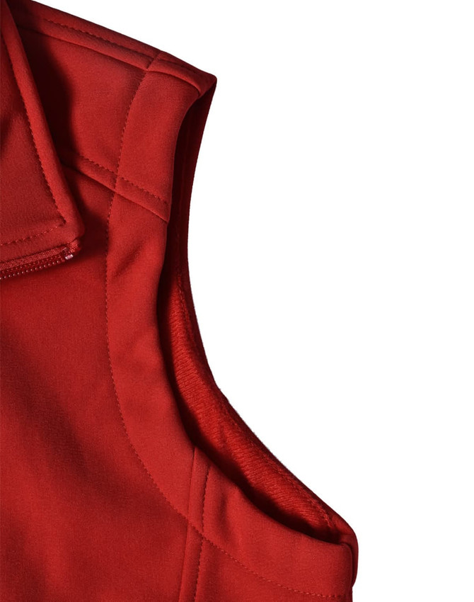 A red ladies' softshell hi-tech vest featuring a collar and smooth fabric texture. It has a logo on the design.
