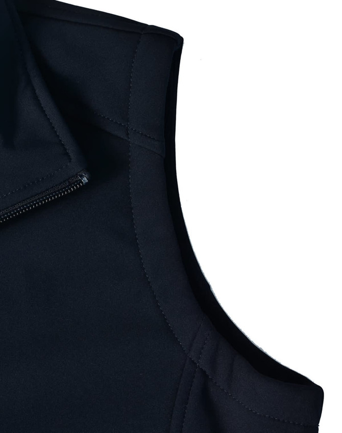 A close-up of a black ladies' softshell hi-tech vest featuring a zippered collar and a sleek design.
