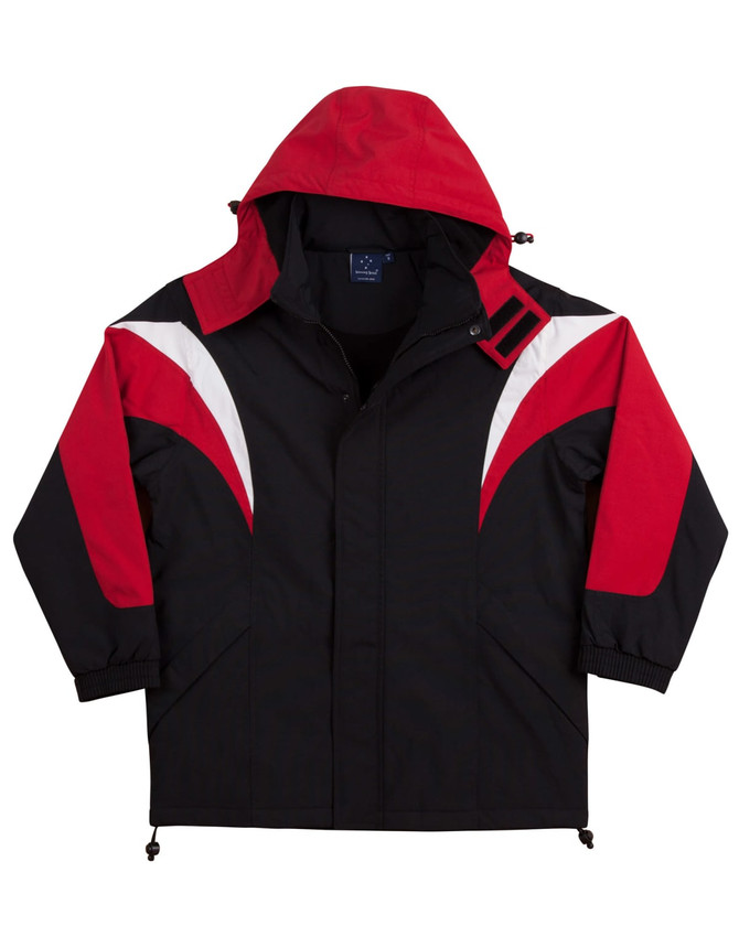 A tri-colour jacket with a hood, featuring black, red, and white panels, and a logo on the chest.