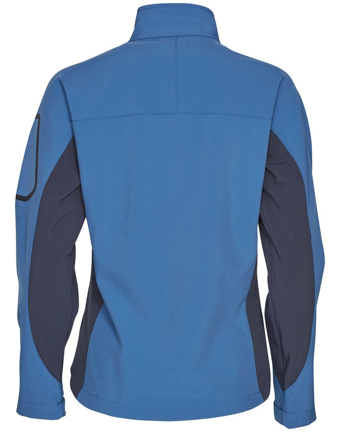 A blue and navy ladies' softshell jacket with a high collar and contrasting panels. It features a logo on the sleeve.