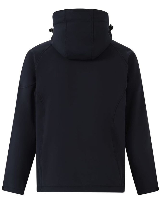 A black softshell full zip hoodie with a hood, featuring a sleek, smooth design and a logo.