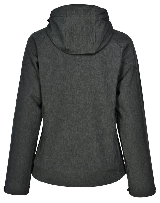 A dark grey ladies' softshell full zip hoodie with a hood and a subtle texture. Features a logo on the back.