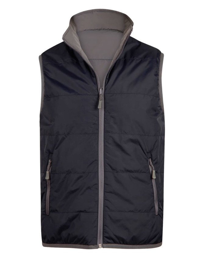 A black and grey men's vest with a zip front and two side pockets, featuring a high collar and a logo.