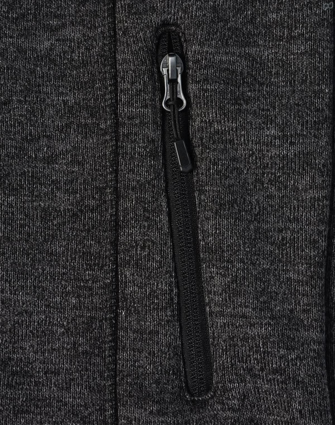 A grey men's heather bonded fleece jacket featuring a zippered pocket and a smooth fabric texture.